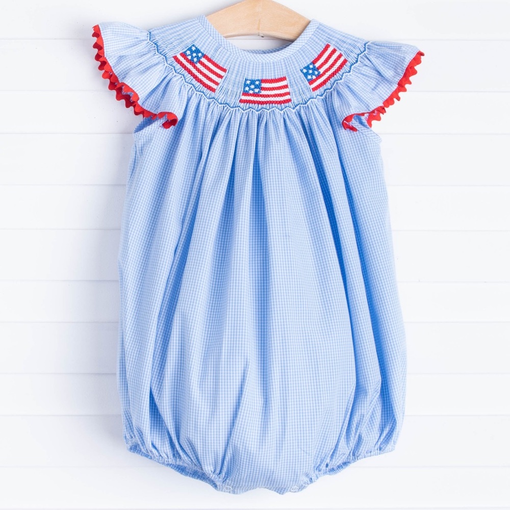 NWOT Stitchy Fish Salute The Flag Smocked Bubble, Blue